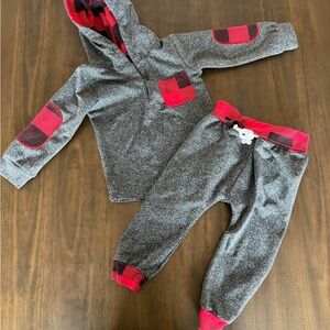 Gray and Red Plaid Hoodie and Pants Set